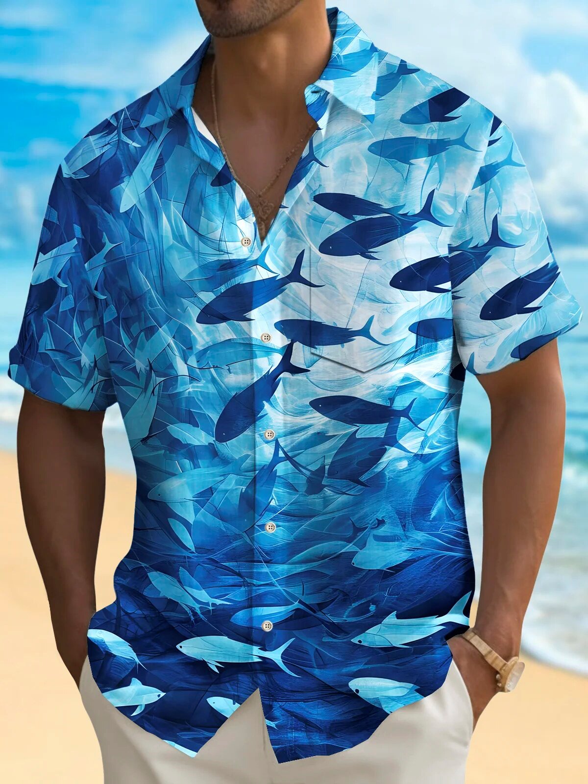 Blue Ocean Fish Print Men's Short Sleeve Hawaiian Shirt