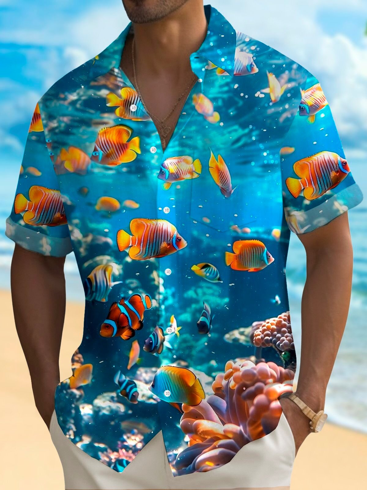 Ocean Sea Life Fish Print Men's Button Down Short Sleeve Hawaiian Shirt