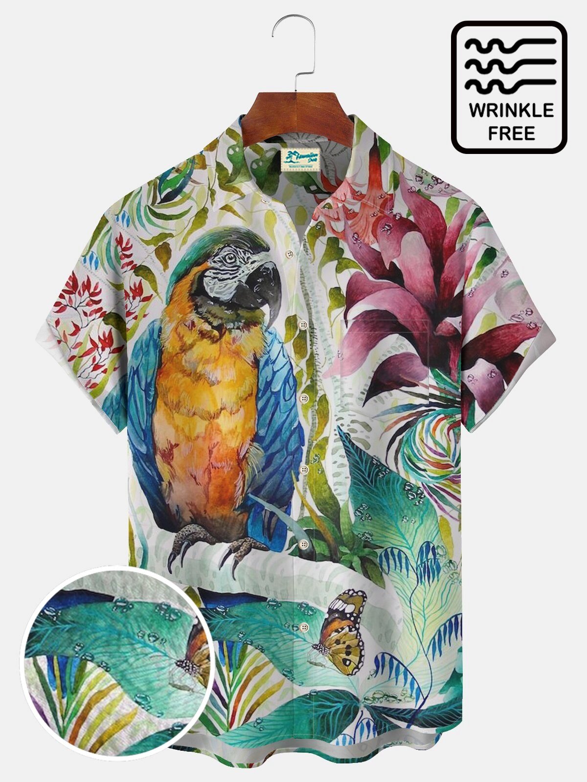 Vibrant Parrot Tropical Plant Pattern Wrinkle Free Hawaiian Shirt for Men
