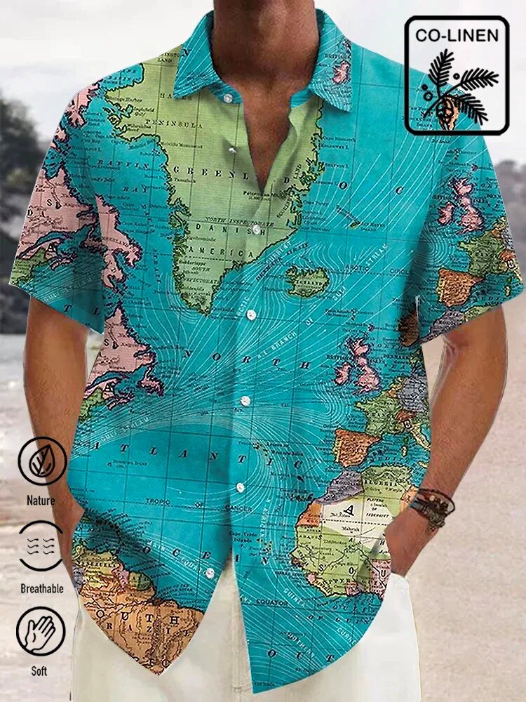 Vintage World Map Print Short Sleeve Button Down Hawaiian Shirt