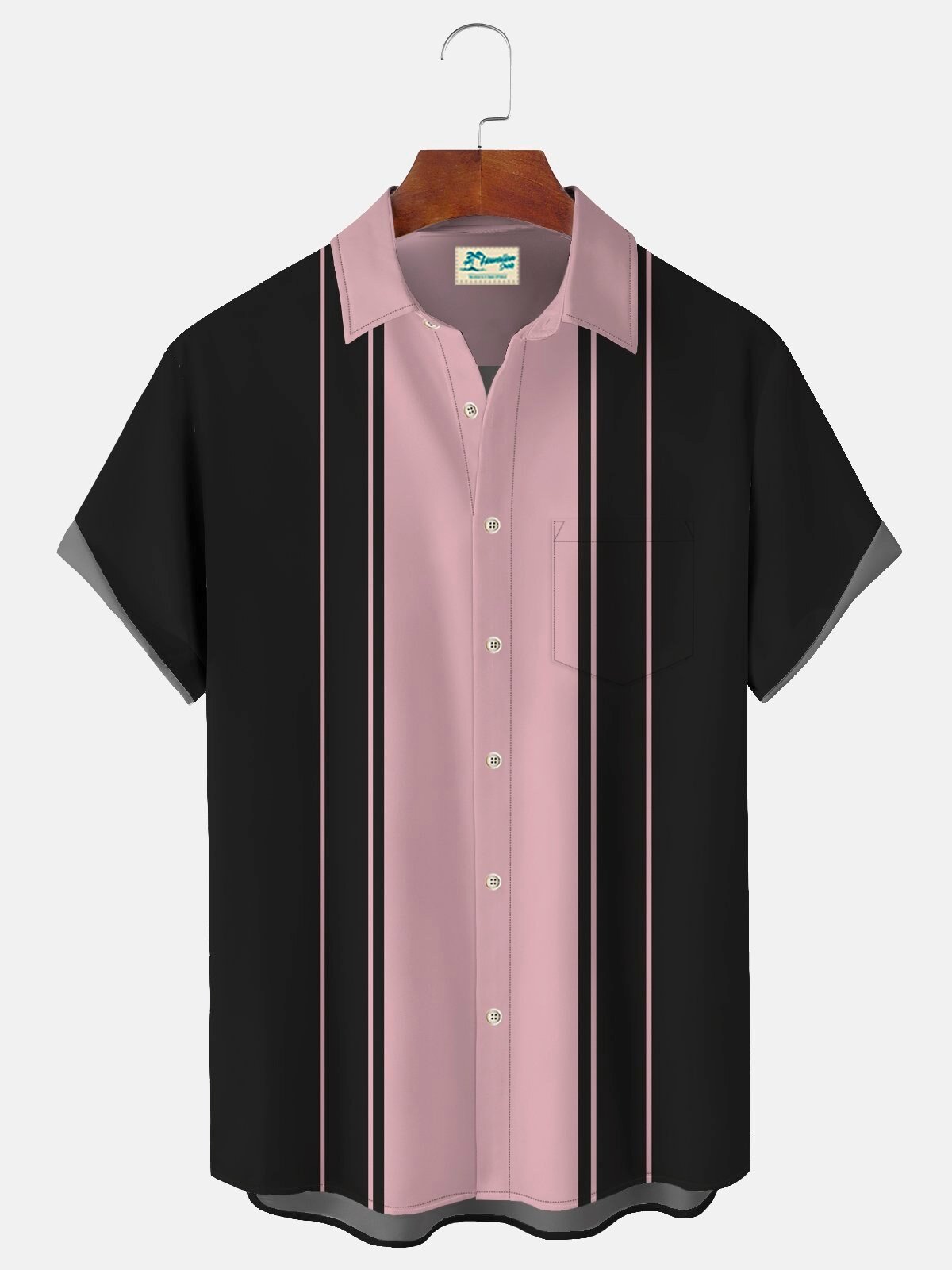 Men's Retro Bowling Shirt Pink and Black Vertical Stripes Short Sleeve Button Down