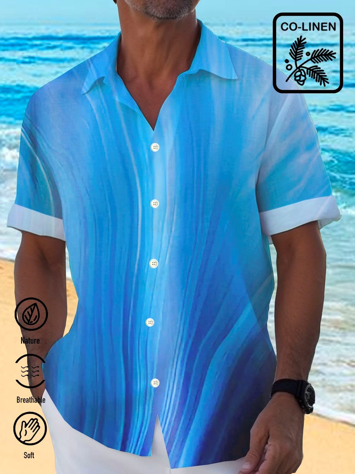 Ocean Wave Gradient Blue Hawaiian Button Down Shirt for Men