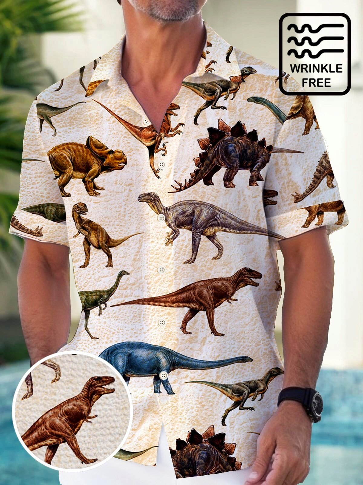 Vintage Dinosaur Art Men's Hawaiian Shirt, Wrinkle Free Beach Vacation Camp Shirt