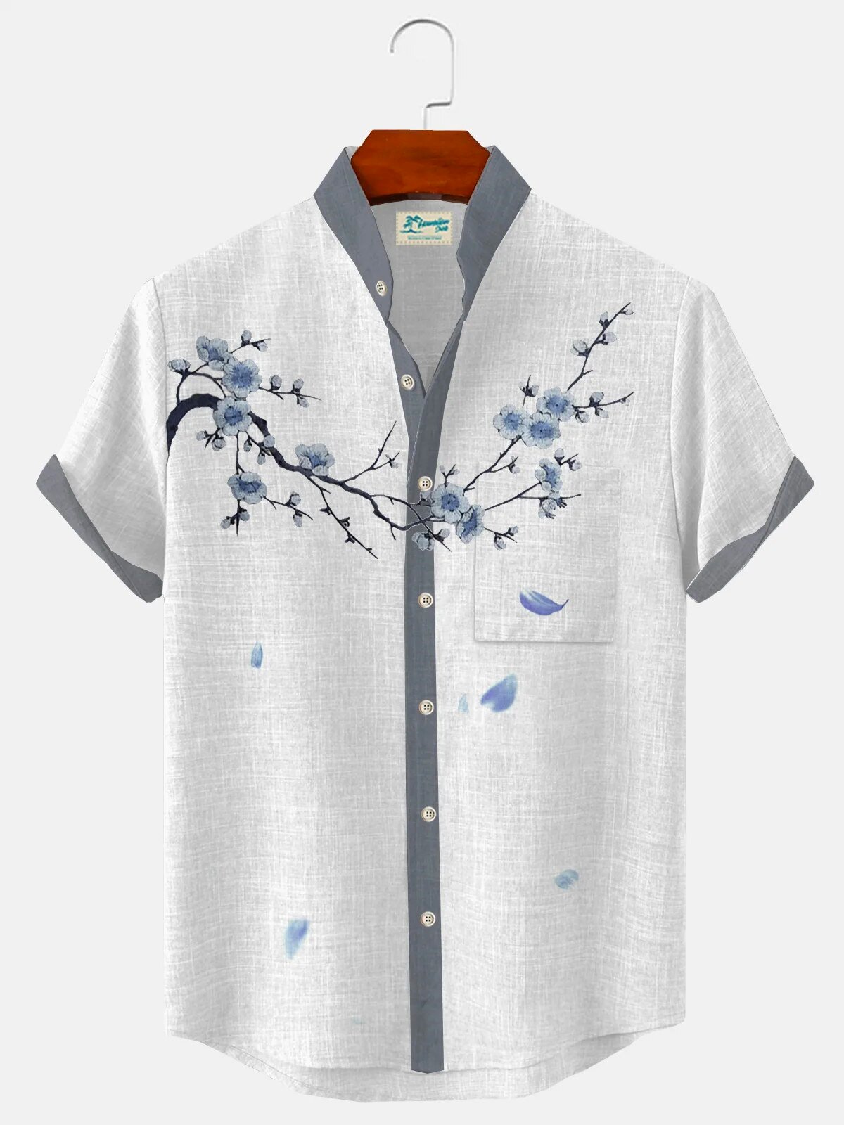 Japanese Floral Print White Hawaiian Shirt with Blue Blossom Branches