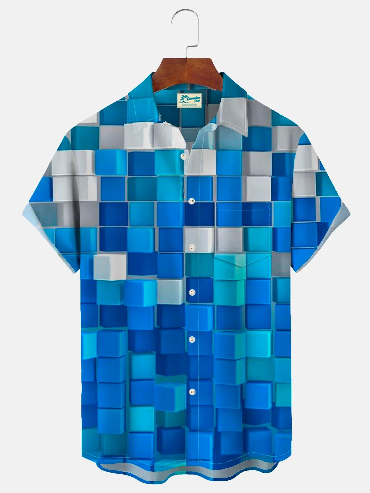 Blue Geometric Cube Block Pattern Men's Button Down Hawaiian Shirt
