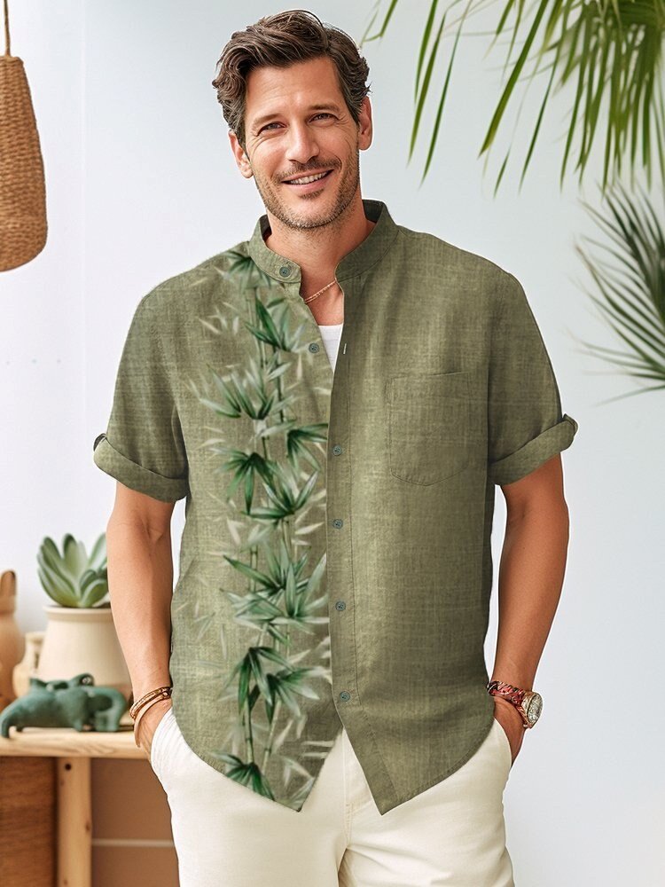 Men's Bamboo Print Linen Blend Short Sleeve Button Up Hawaiian Shirt