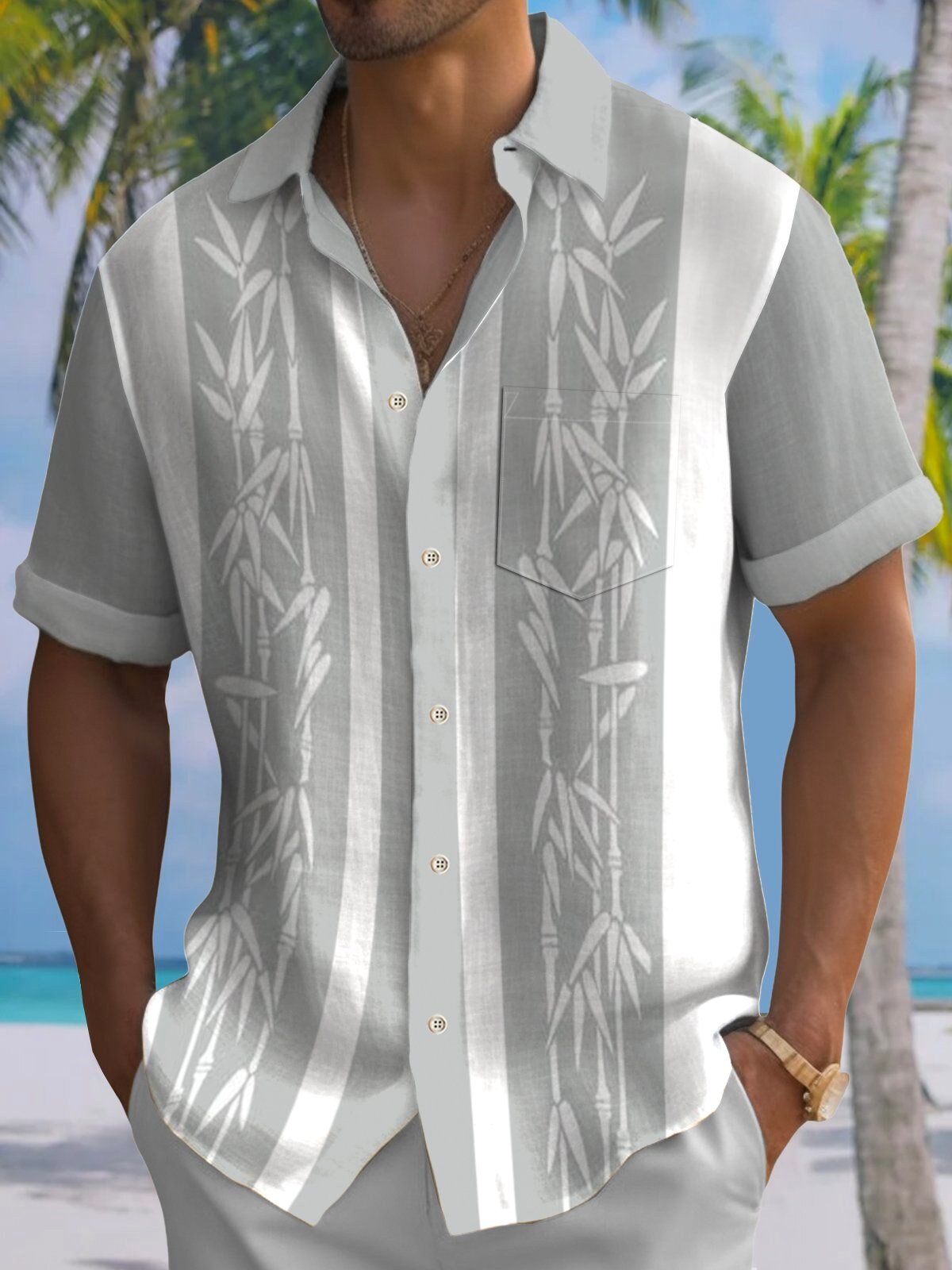 Bamboo Plant Print White And Gray Striped Men's Hawaiian Shirt