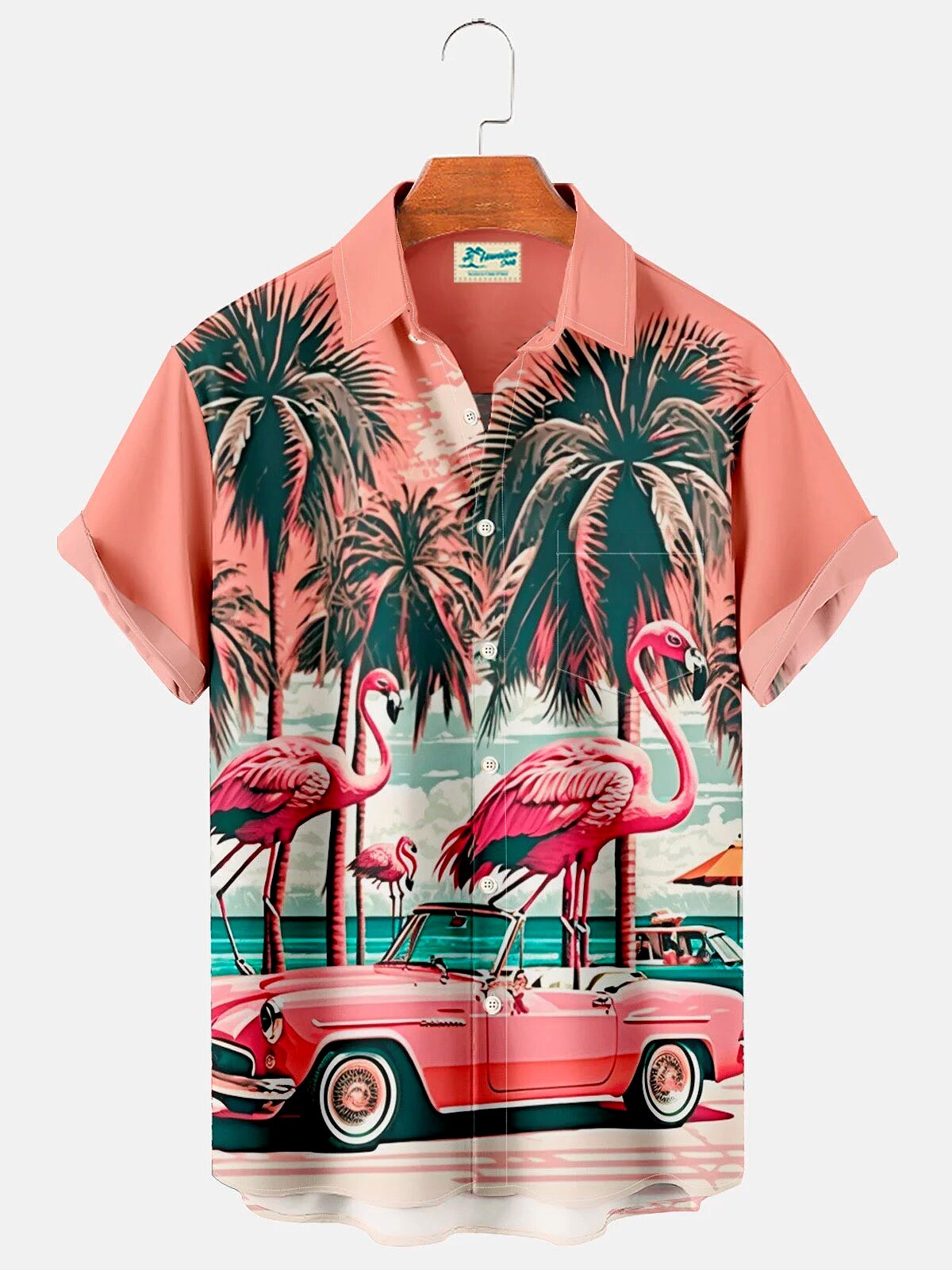Flamingo Pink Car Tropical Palm Tree Beach Hawaiian Shirt for Men