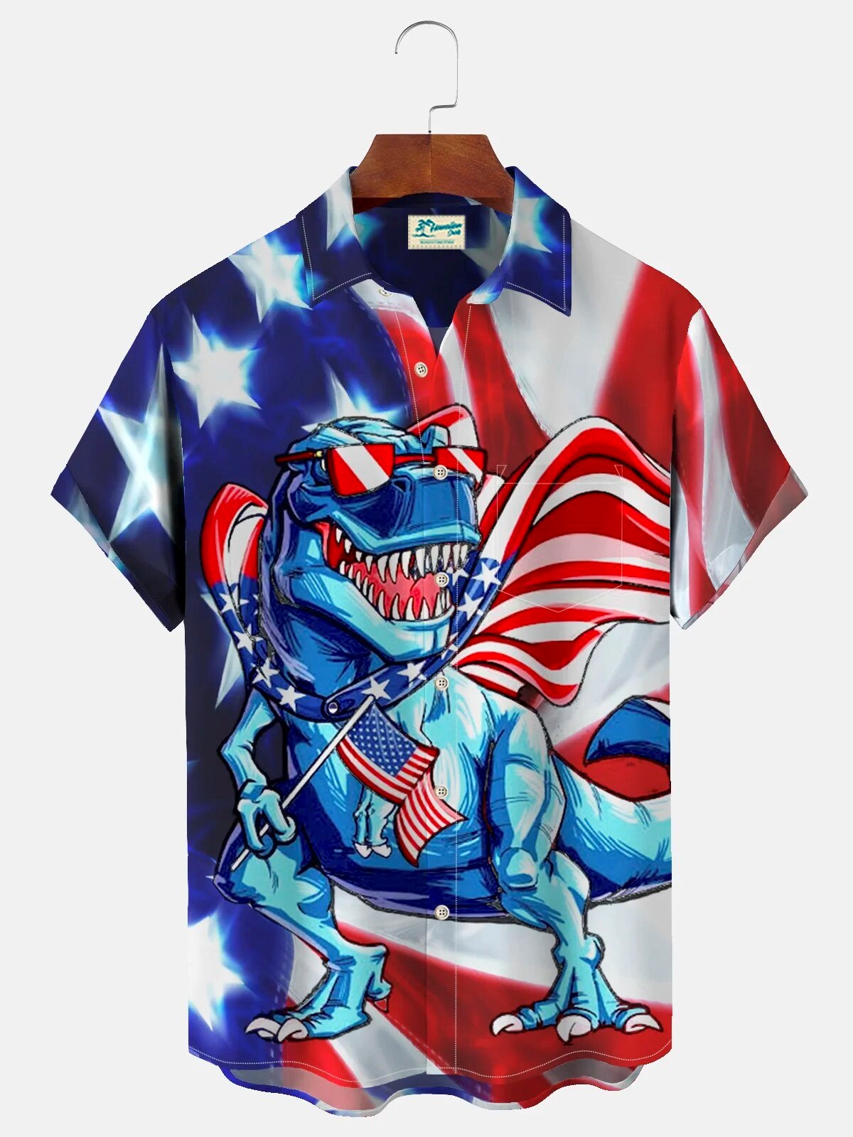 Independence Day Dinosaur American Flag Print Stars Stripes Hawaiian Shirt