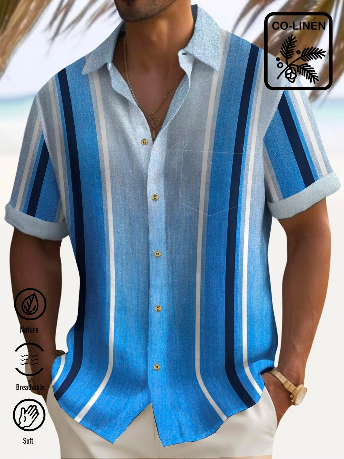 Blue Vertical Striped Beach Holiday Button Down Short Sleeve Hawaiian Shirt