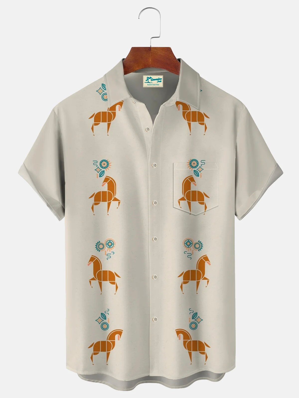 Vintage Horse Print Men's Hawaiian Shirt With Pocket