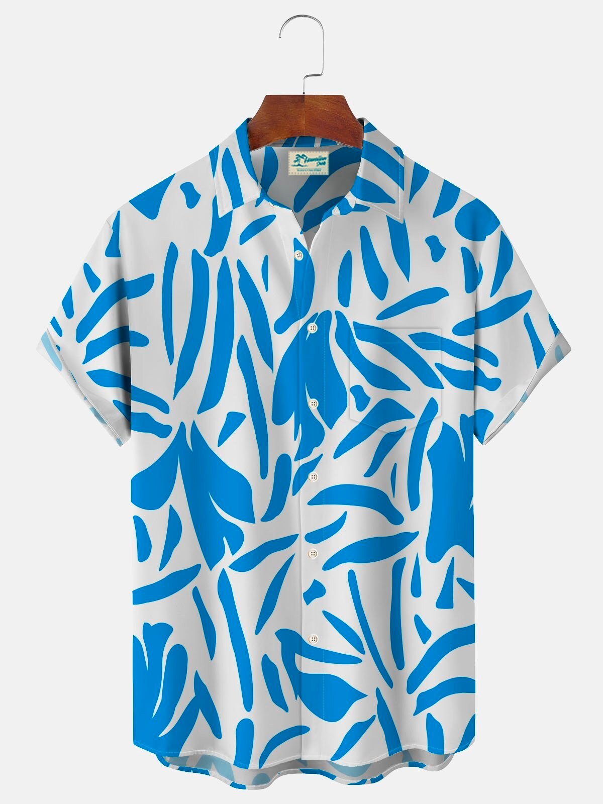 Abstract Blue Leaf Pattern White Hawaiian Shirt for Men