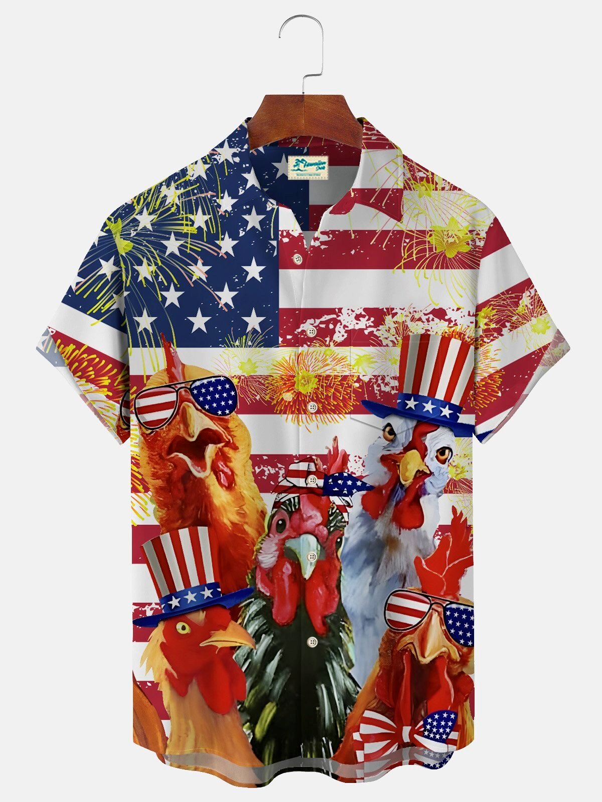 American Flag Rooster Fireworks Independence Day Hawaiian Shirt