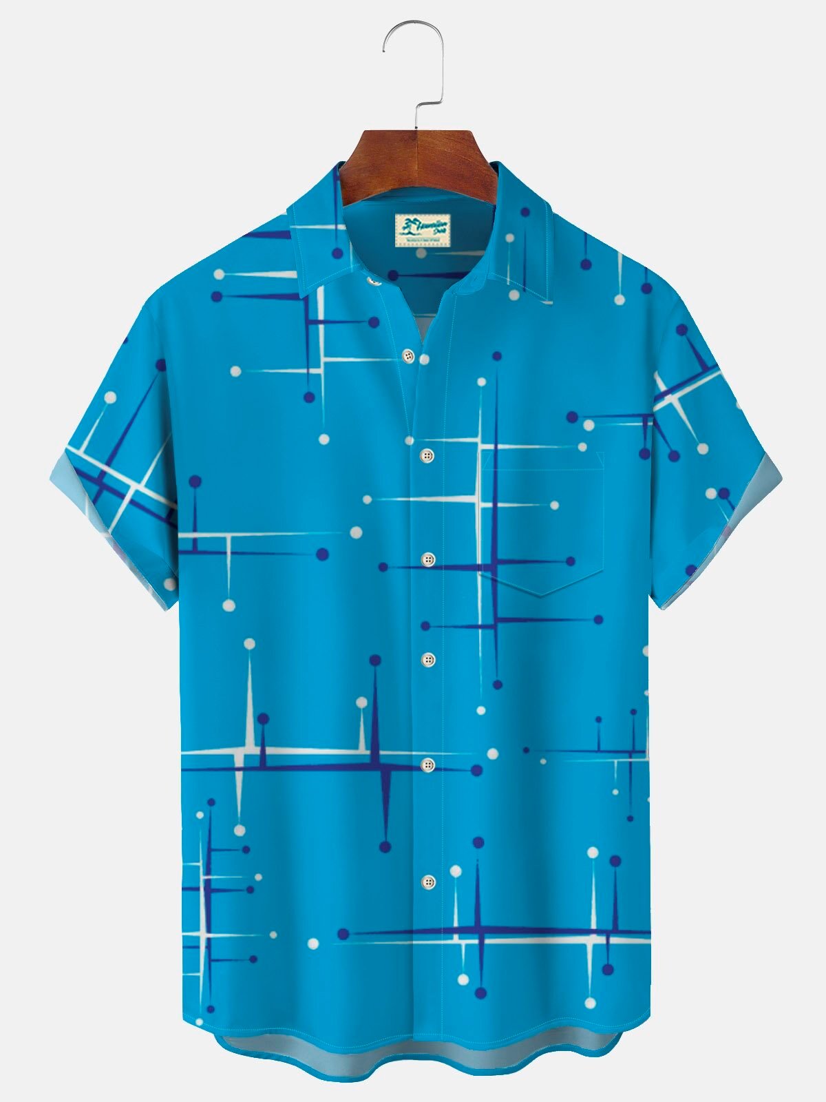 Mid-Century Modern Geometric Blue Men's Stretch Aloha Casual Pocket Short Sleeve Hawaiian Shirt