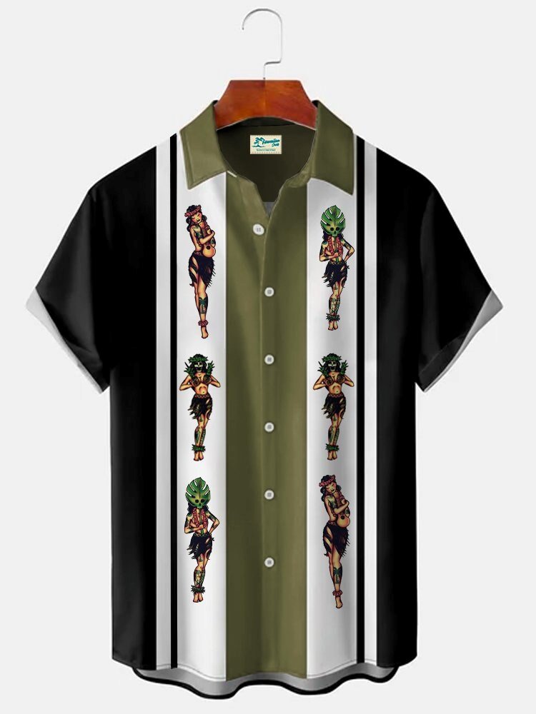 Vintage Pin-Up Hula Dancer Hawaiian Shirt for Men, Retro Style Vacation Apparel