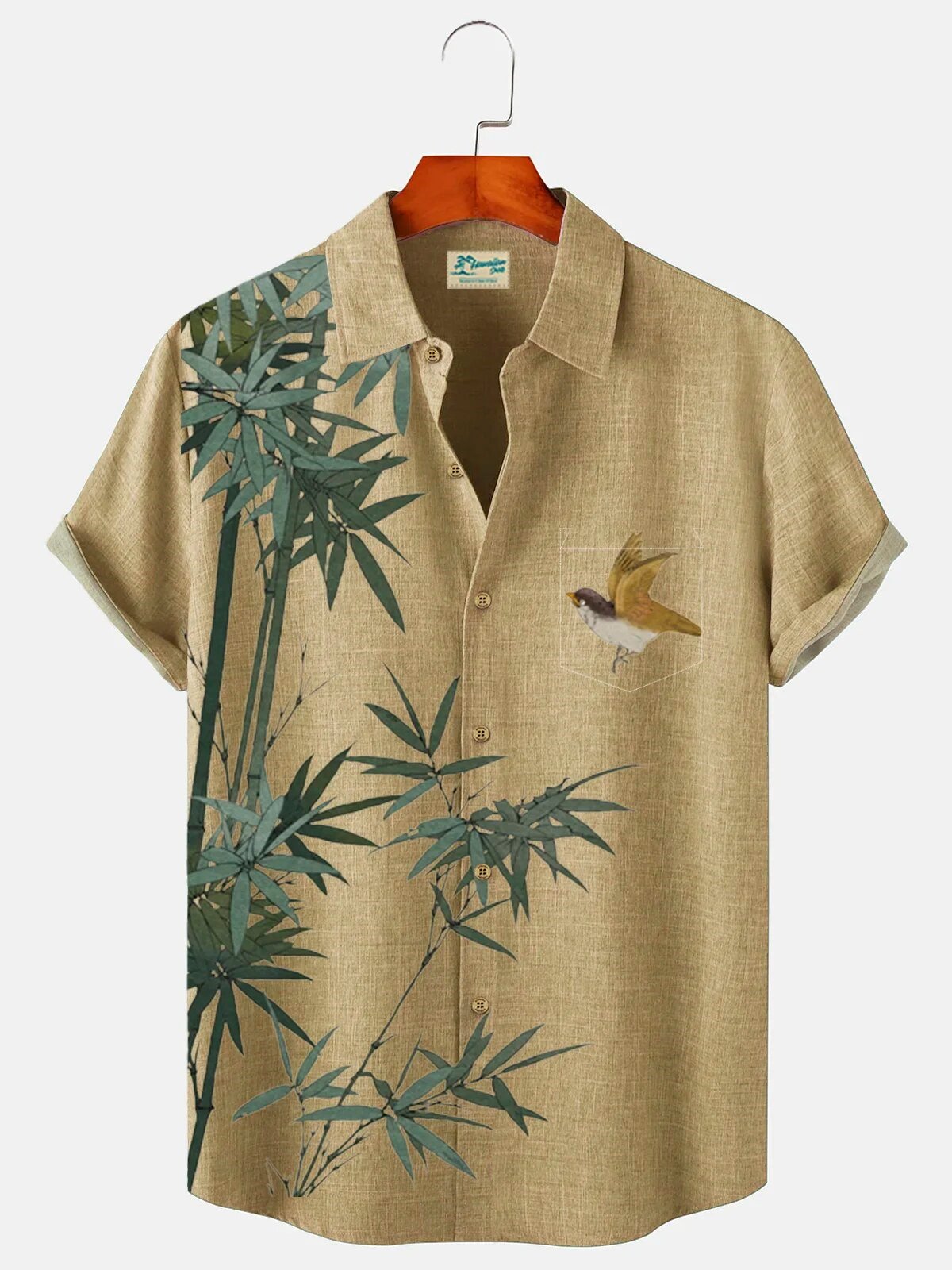 Bamboo Forest Bird Print Men's Casual Hawaiian Shirt
