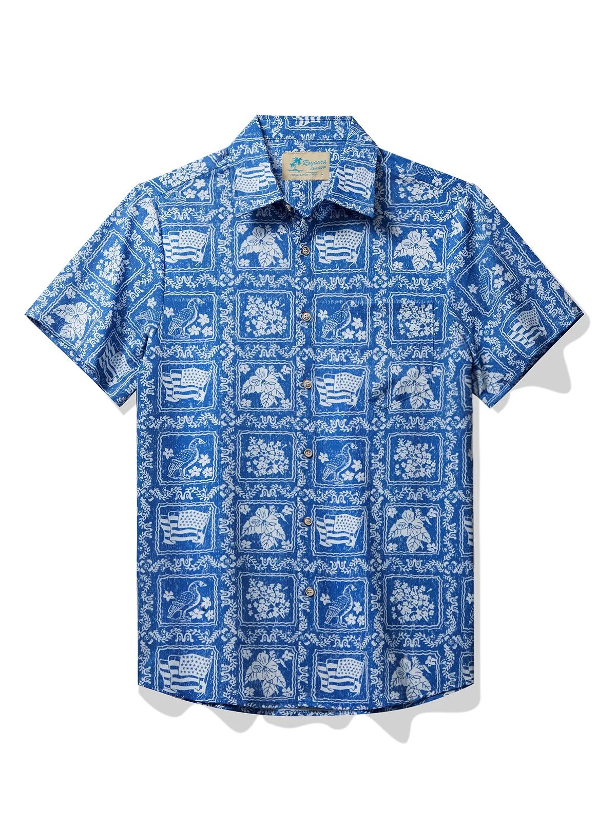 American Flag Floral Pattern Blue Hawaiian Shirt for Men