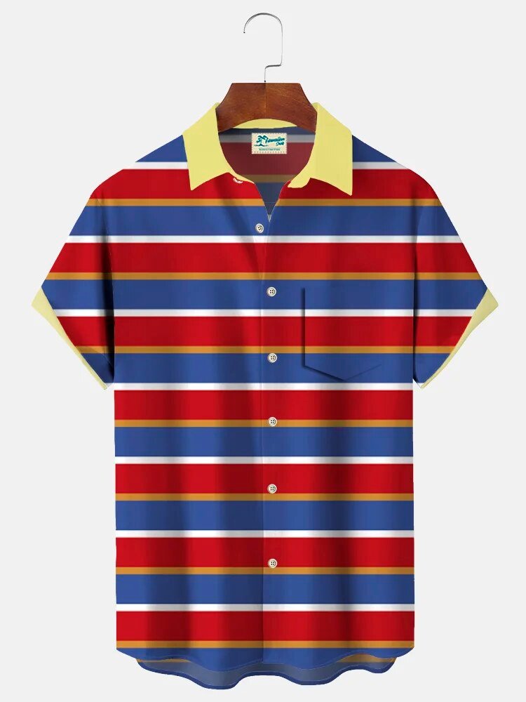 Striped Pattern Short Sleeve Button Down Hawaiian Shirt with Pocket