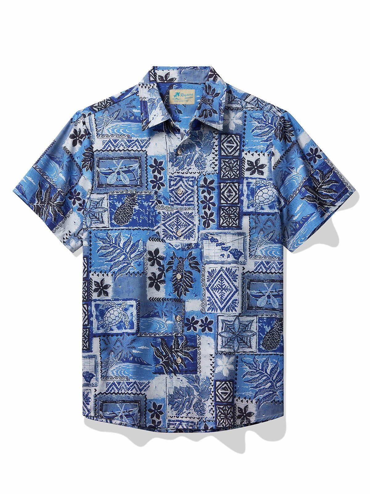Hawaiian Blue Patchwork Print Short Sleeve Button Up Shirt for Men