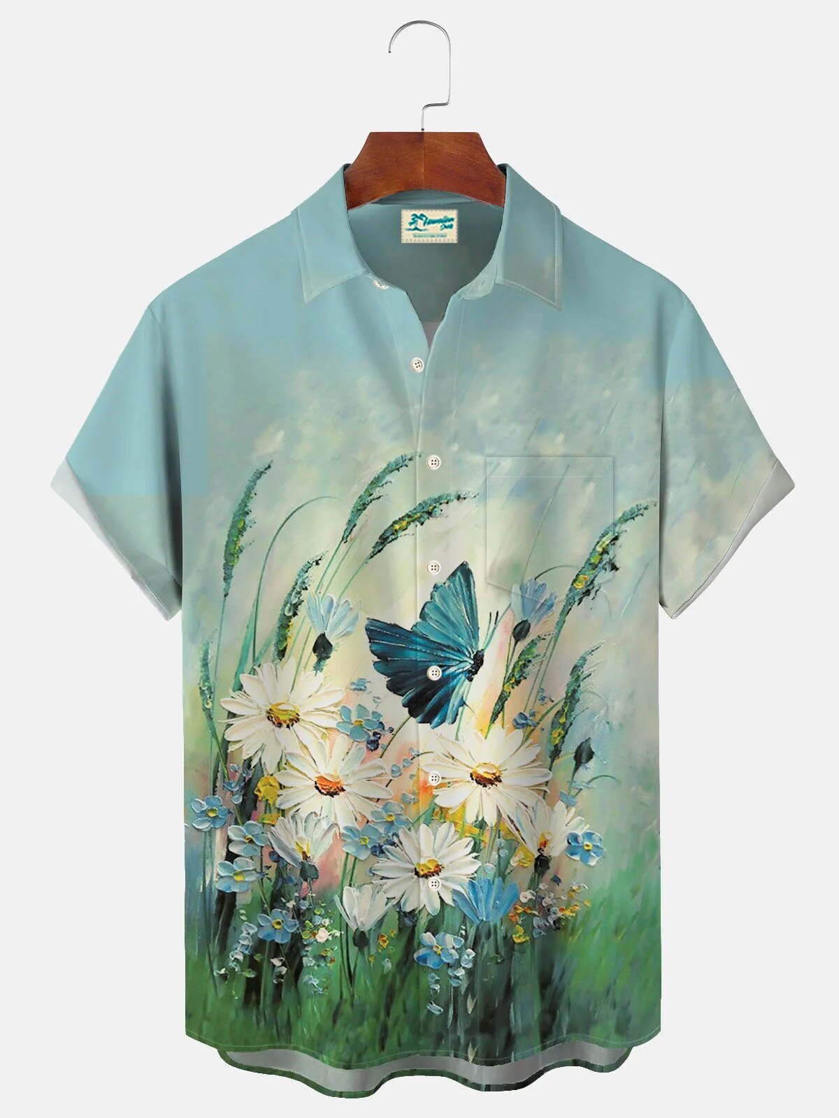 Blue Butterfly Daisy Field Floral Print Men's Button Down Hawaiian Shirt