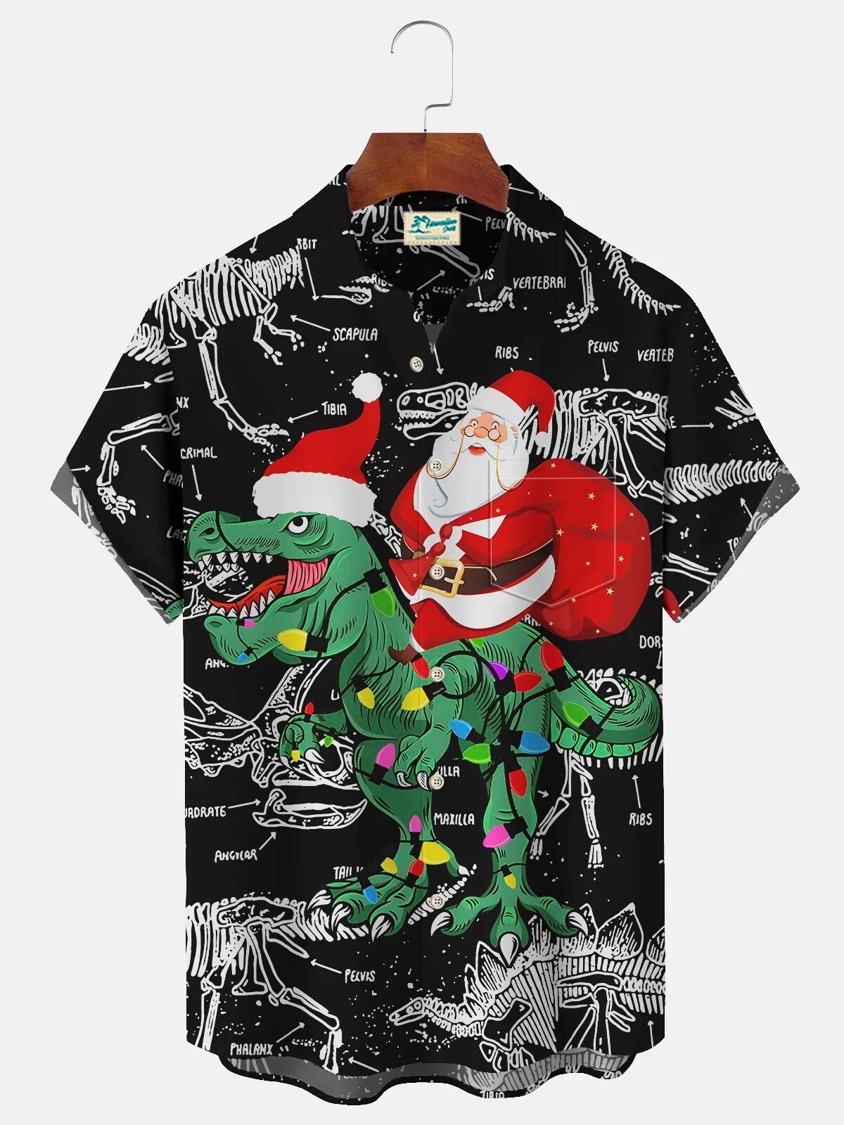 Funny Christmas Santa Claus Riding Dinosaur Skeleton Print Hawaiian Shirt