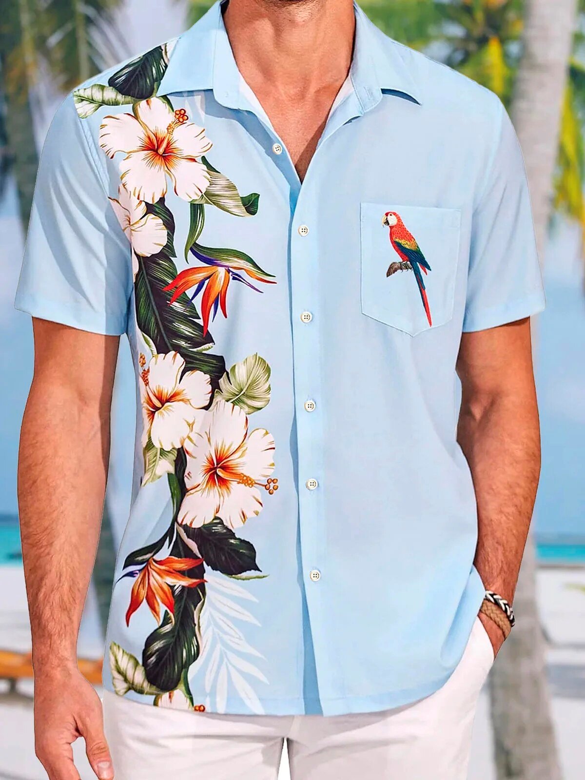 Tropical Parrot Hibiscus Floral Print Men's Button Down Hawaiian Shirt