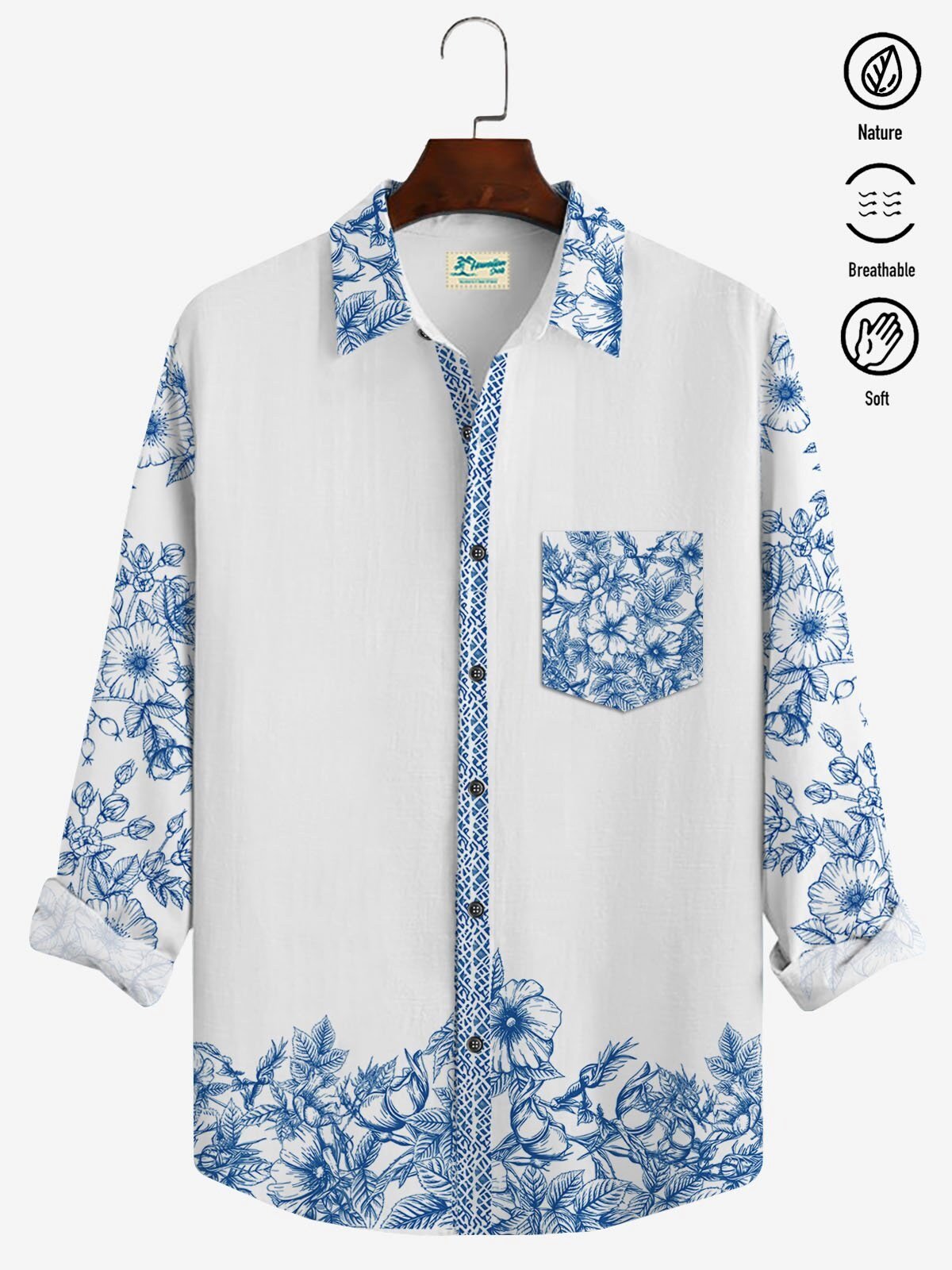 White Blue Floral Print Long Sleeve Button Down Shirt for Men