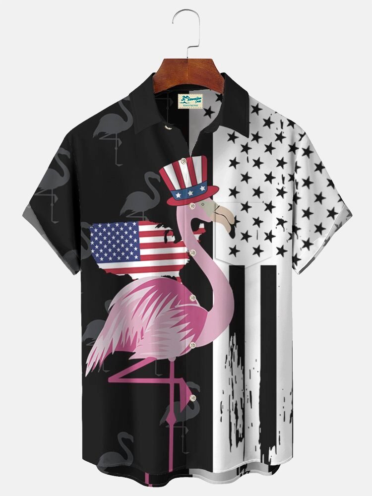 American Flag Flamingo Patriotic Print Men's Hawaiian Shirt