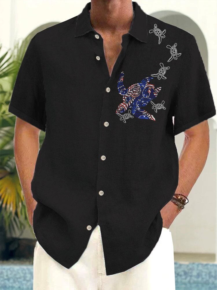 American Flag Turtle Print Men's Casual Hawaiian Shirt